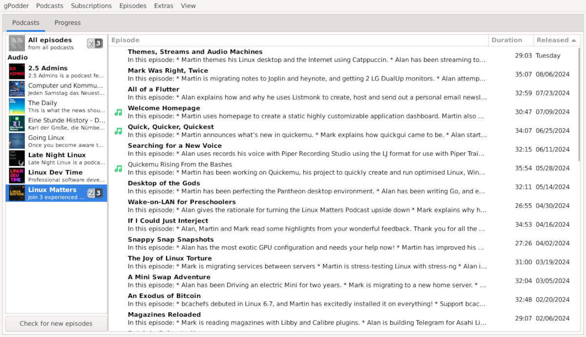 gPodder - Screenshot von der Linux version
